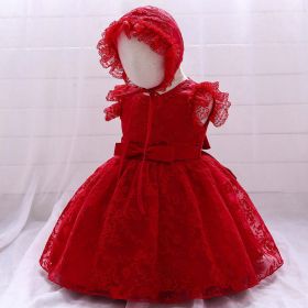 Baby Girl Solid Color Mesh Overlay Design Formal Baptism Birthday Gift Dress With Hat (Color: Red, Size/Age: 90 (12-24M))