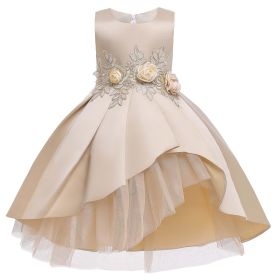 Baby Girl Flower Pattern Show Dress Birthday Party Formal Dress (Color: Beige, Size/Age: 150 (10-12Y))