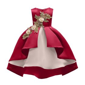 Baby Girl Flower Embroidered Pattern Vest Formal Dress Birthday Dress (Color: Red, Size/Age: 150 (10-12Y))