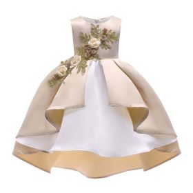 Baby Girl Flower Embroidered Pattern Vest Formal Dress Birthday Dress (Color: Beige, Size/Age: 100 (2-3Y))