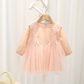 Baby Girl Solid Color Mesh Overlay Design Long Sleeves Dress (Color: pink, Size/Age: 110 (3-5Y))