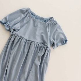 Baby Girl Solid Color Fly-Sleeved Design Dress Pajamas In Summer (Color: Blue, Size/Age: 80 (9-12M))