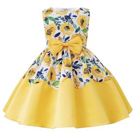 Baby Girl Flower Graphic Bow Patched Design Princess Screen Dress (Color: yellow, Size/Age: 120 (5-7Y))