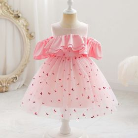 Baby Girl Sequin Patched Design Mesh Patchwork Formal Princess Dress (Color: pink, Size/Age: 140 (8-10Y))