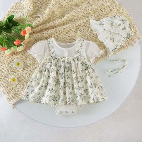 Baby Girl Floral Pattern Round Nek Short Sleeve Onesies Dress (Color: White, Size/Age: 90 (12-24M))