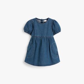 Baby Girl Solid Color Puff Sleeve Loose Denim Dress (Color: Blue, Size/Age: 110 (3-5Y))