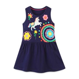 Baby Girl Cartoon Graphic Sleeveless Cute Style Dress In Summer (Color: Navy Blue (Dark Blue), Size/Age: 90 (12-24M))