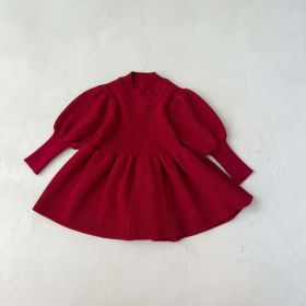 Baby Girl Solid Lantern-Sleeved Knitting Dress In Autumn (Color: Red, Size/Age: 80 (9-12M))