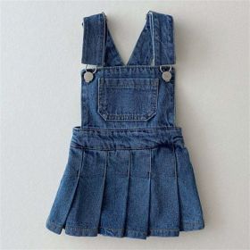 Baby Girl Denim Fabric Strap Design Pleated Dress Fashion Korean Style Dress (Color: Navy Blue (Dark Blue), Size/Age: 130 (7-8Y))