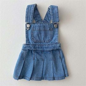 Baby Girl Denim Fabric Strap Design Pleated Dress Fashion Korean Style Dress (Color: Blue, Size/Age: 120 (5-7Y))