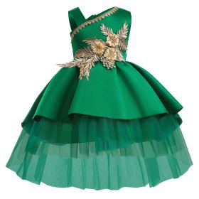 Baby European American Embroidered Design One-Shoulder Tuxedo Dress (Color: green, Size/Age: 110 (3-5Y))