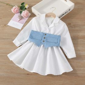 Baby Solid Color Waistband Patched Design Fashion Dress In Summer (Color: Blue, Size/Age: 110 (3-5Y))