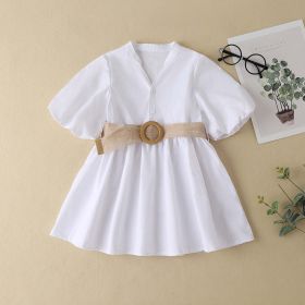 Baby Solid Color Waistband Patched Design Fashion Dress In Summer (Color: White, Size/Age: 120 (5-7Y))