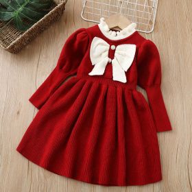 Baby Bow Patched Design Puff Sleeve Princess Dress (Color: Red, Size/Age: 120 (5-7Y))