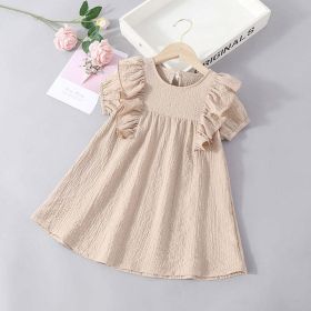 Baby Solid Color Ruffle Design Simple Style Summer Dress (Color: Khaki, Size/Age: 110 (3-5Y))