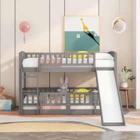 Bunk Bed with Slide; Twin Over Twin Low Bunk Bed with Fence and Ladder for Toddler Kids Teens (Color: grey)